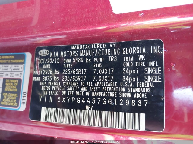 5XYPG4A57GG129837 KIA Sorento 3.3l Lx