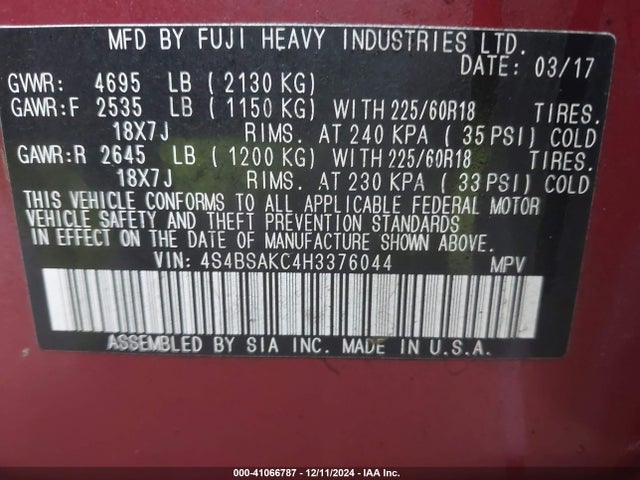 Subaru Outback 2.5i Limited 2017 4S4BSAKC4H3376044 Image 9