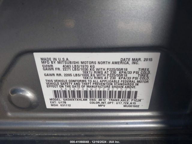 4A4AP4AW2FE027523 Mitsubishi Outlander Sport Gt