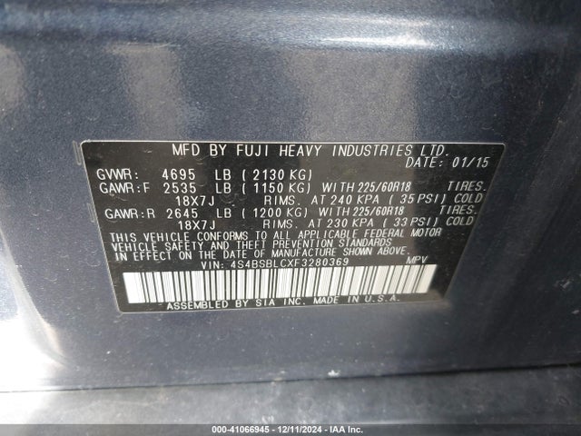 4S4BSBLCXF3280369 Subaru Outback 2.5i Limited