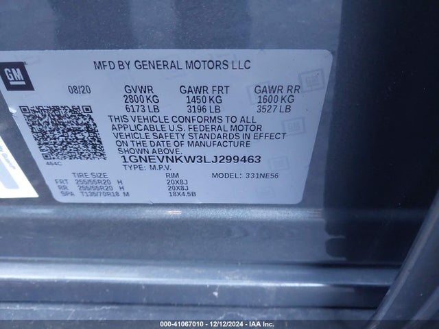 1GNEVNKW3LJ299463 Chevrolet Traverse Awd High Country