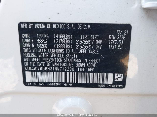 3CZRU6H31NM742290 Honda Hr-v Awd Lx