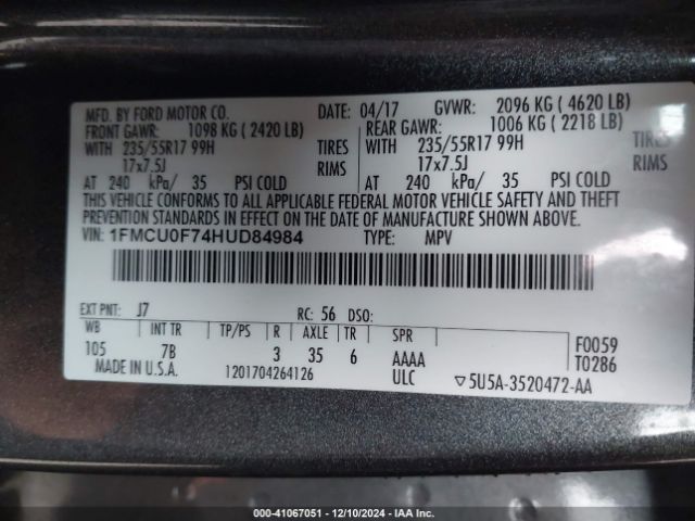 1FMCU0F74HUD84984 Ford ESCAPE S