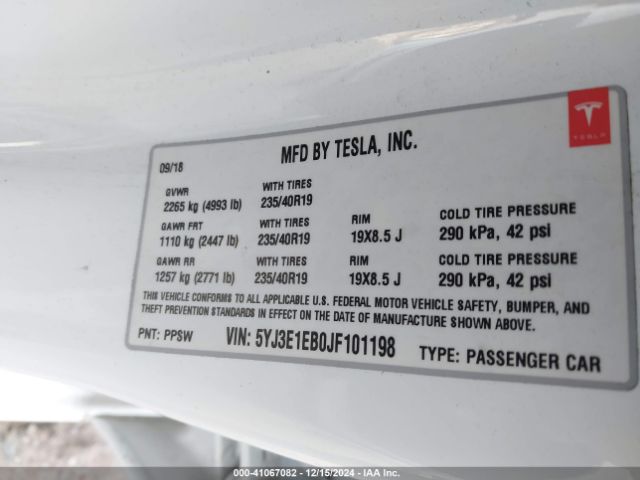 5YJ3E1EB0JF101198 Tesla Model 3 Long Range/performance