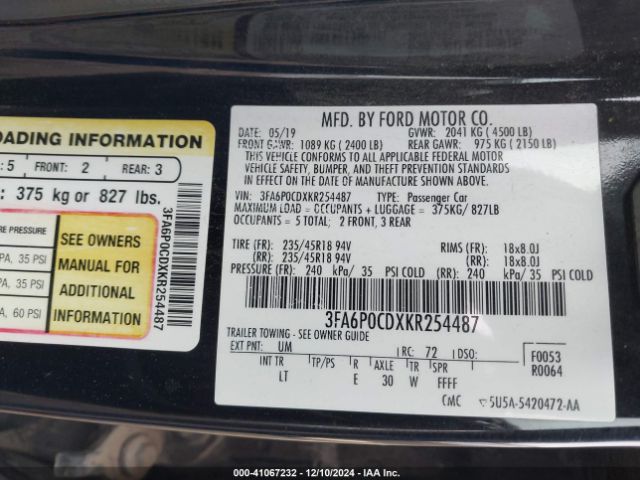 3FA6P0CDXKR254487 Ford FUSION SEL