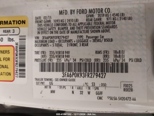 3FA6P0K93FR279427 Ford Fusion Titanium