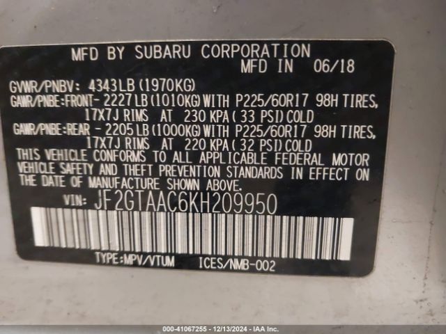 JF2GTAAC6KH209950 Subaru Crosstrek 2.0i