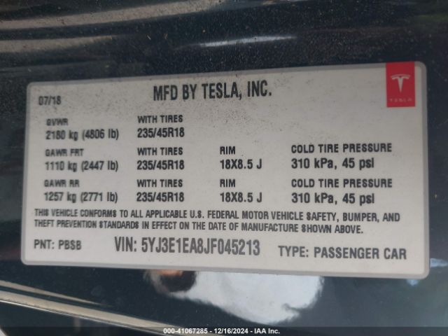 5YJ3E1EA8JF045213 Tesla Model 3 Long Range/mid Range