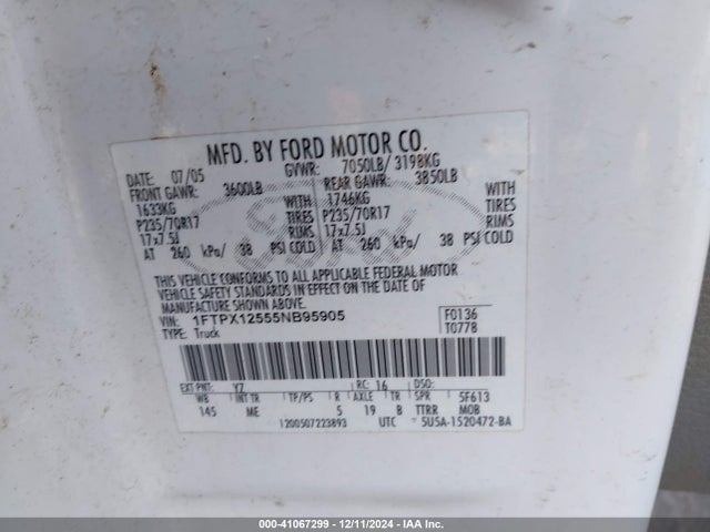 Продажа на аукционе авто 2005 Ford F-150 Lariat/xl/xlt, vin: 1FTPX12555NB95905, номер лота: 41067299