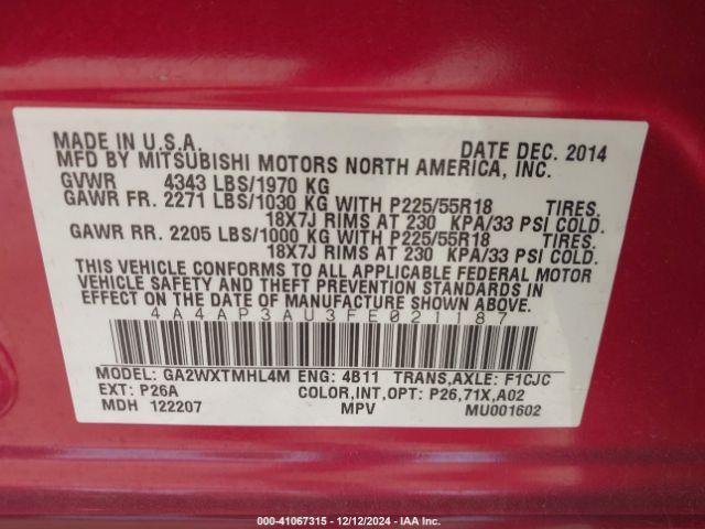 4A4AP3AU3FE021187 Mitsubishi Outlander Sport Es