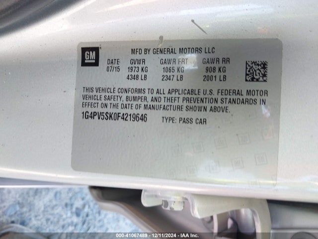 Buick Verano 1sv 2015 1G4PV5SK0F4219646 Image 9