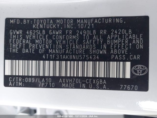 4T1F31AK8NU575434 Toyota Camry Xle Hybrid