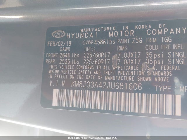 KM8J33A42JU681606 Hyundai TUCSON SEL