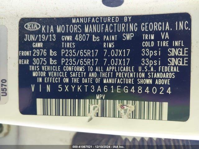 5XYKT3A61EG484024 KIA SORENTO LX
