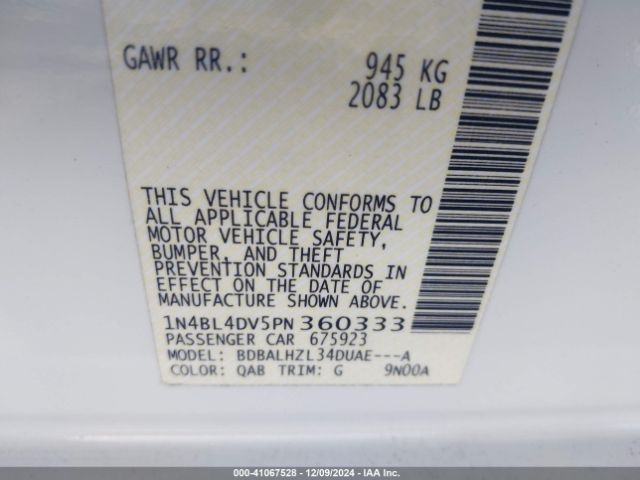 1N4BL4DV5PN360333 Nissan Altima Sv Fwd