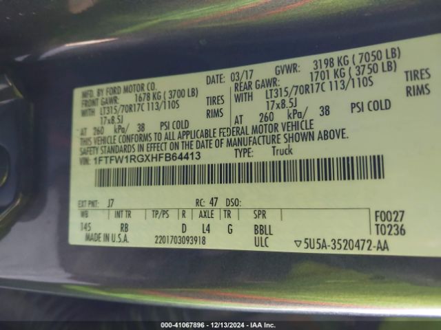1FTFW1RGXHFB64413 Ford F-150 Raptor