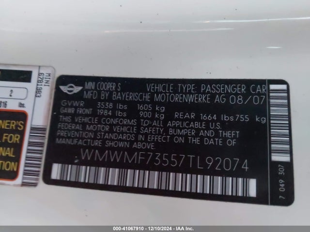 2007 MINI COOPER S WMWMF73557TL92074 Photo 8