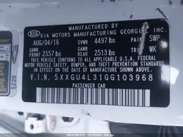 5XXGU4L31GG103968 KIA OPTIMA EX