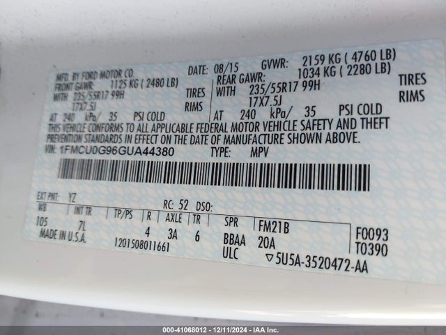 Ford ESCAPE SE 2016 1FMCU0G96GUA44380 Image 9