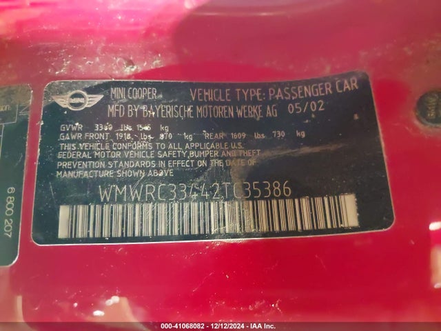 2002 MINI COOPER WMWRC33442TC35386 Photo 8