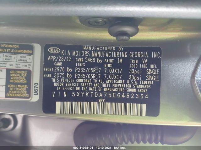 KIA Sorento Lx V6 2014 5XYKTDA75EG462364 Image 9
