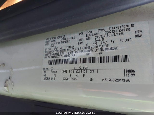 Ford Transit-250 Cargo Van 2020 1FTBR1X87LKB60191 Image 9