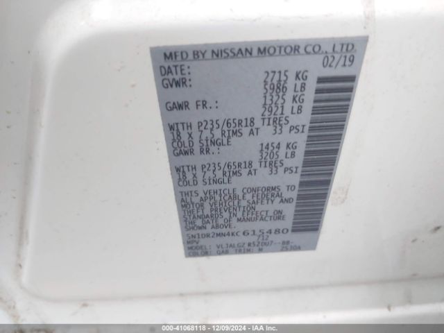 5N1DR2MN4KC615480 Nissan Pathfinder Sl