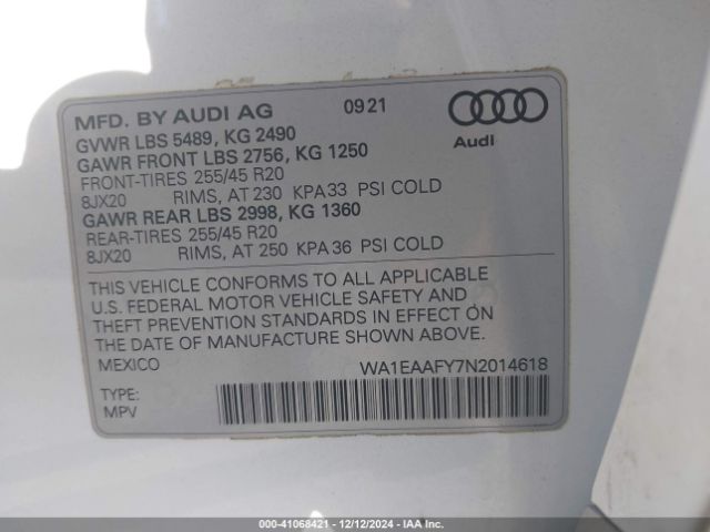 WA1EAAFY7N2014618 Audi Q5 Premium Plus 45 Tfsi S Line Quattro S Tronic