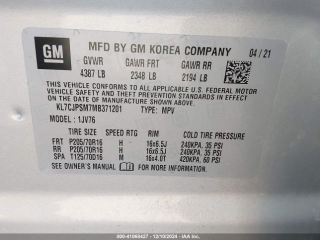 KL7CJPSM7MB371201 Chevrolet Trax Awd Lt