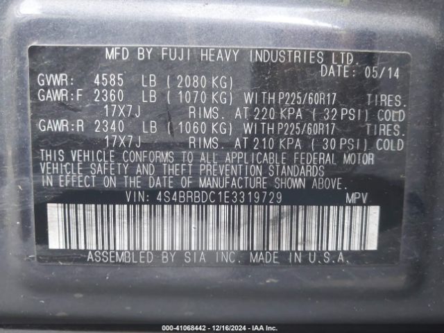 4S4BRBDC1E3319729 Subaru Outback 2.5i Premium