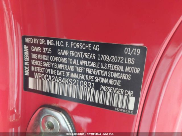 WP0CA2A84KS210831 Porsche 718 Boxster