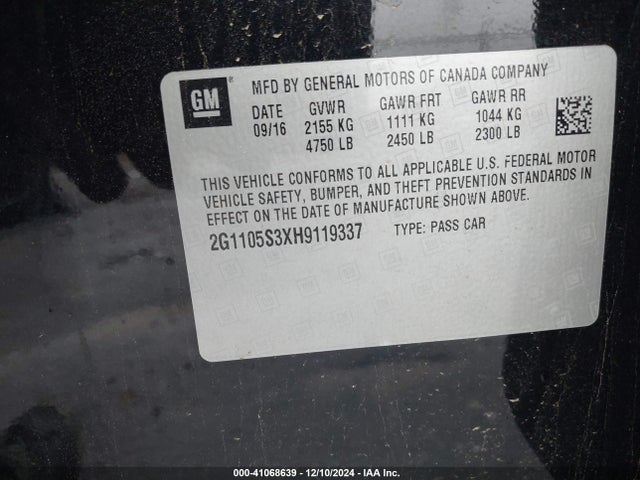 Chevrolet IMPALA 1LT 2017 2G1105S3XH9119337 Image 9