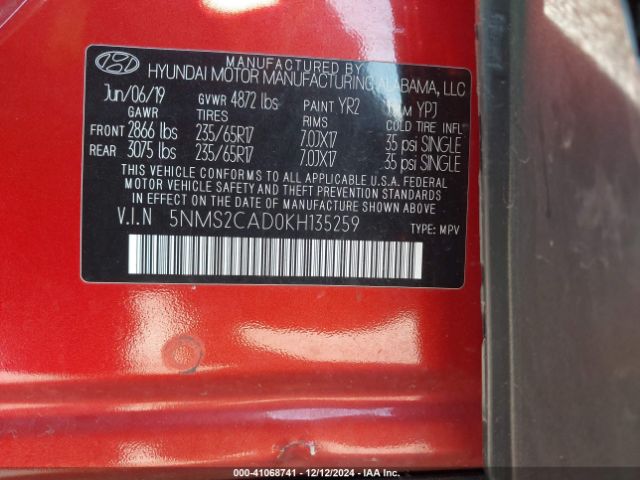 5NMS2CAD0KH135259 Hyundai Santa Fe Se