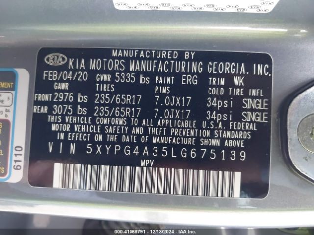 5XYPG4A35LG675139 KIA Sorento 2.4l Lx