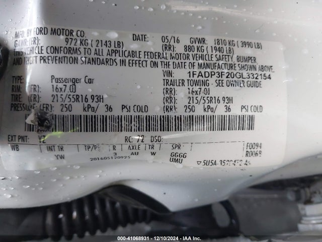 Ford FOCUS SE 2016 1FADP3F20GL332154 Image 9