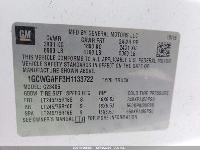 1GCWGAFF3H1133722 Chevrolet Express 2500 Work Van