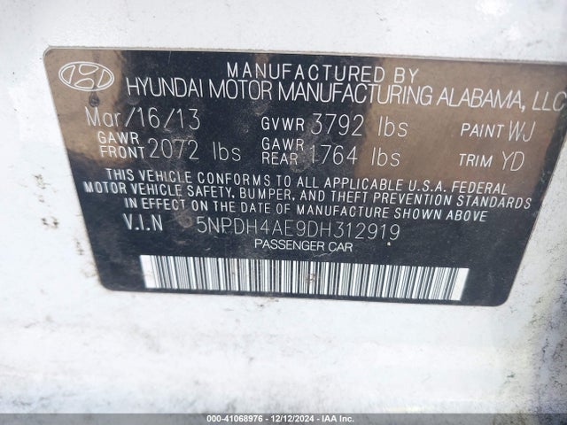 2013 Hyundai Elantra Gls მანქანა იყიდება აუქციონზე, vin: 5NPDH4AE9DH312919, აუქციონის ნომერი: 41068976