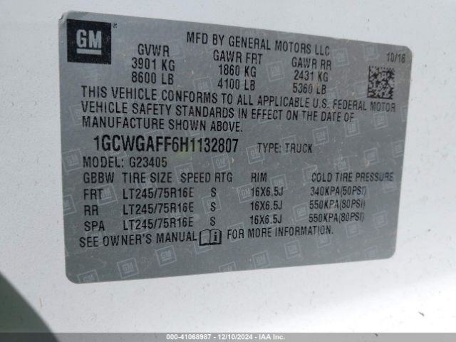 1GCWGAFF6H1132807 Chevrolet Express 2500 Work Van