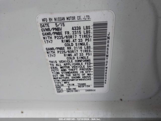 JN8AS5MT0FW665345 Nissan Rogue Select S