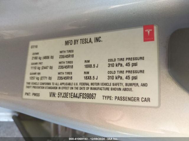5YJ3E1EA4JF039067 Tesla Model 3 Long Range/mid Range