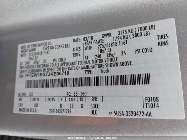 1FTEW1EG7JKE06718 Ford F-150 Lariat