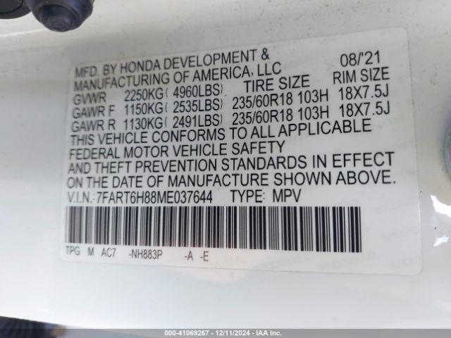7FART6H88ME037644 Honda Cr-v Hybrid Ex-l