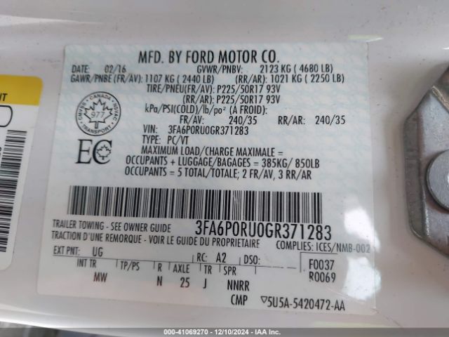 3FA6P0RU0GR371283 Ford Fusion Hybrid Titanium