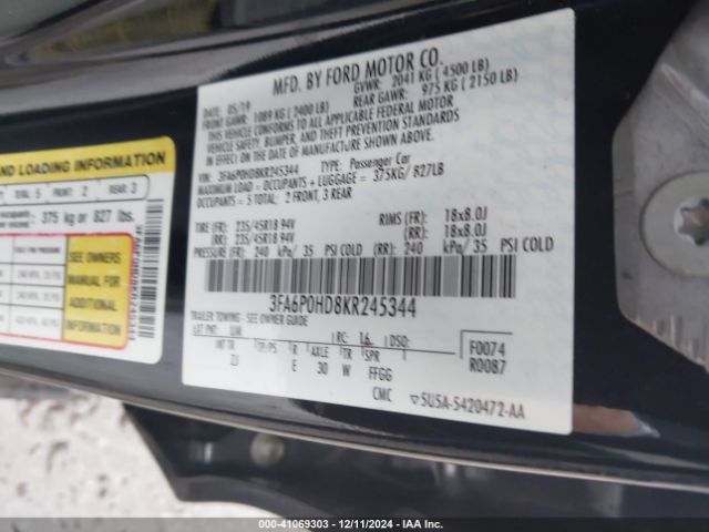 3FA6P0HD8KR245344 Ford FUSION SE