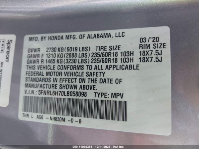 5FNRL6H70LB058098 Honda Odyssey Ex-l/ex-l W/navi   Res