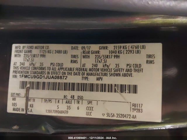 Ford ESCAPE SE 2018 1FMCU9GD1JUA08872 Image 9