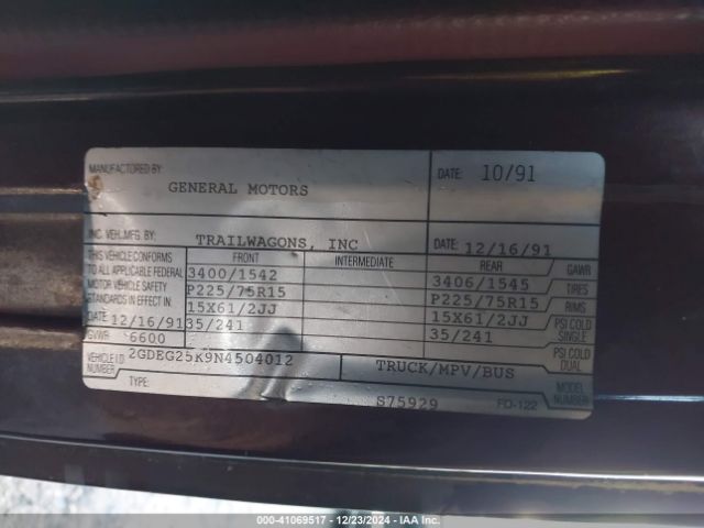 1992 GMC RALLY WAGON / VAN 2GDEG25K9N4504012 Photo 8