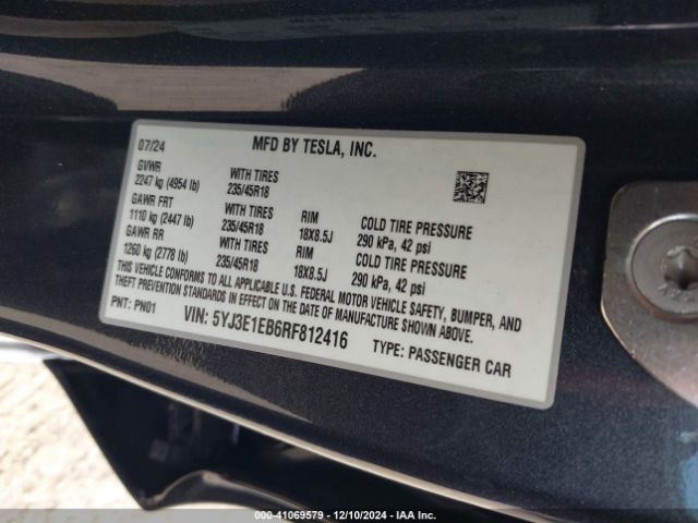 5YJ3E1EB6RF812416 Tesla Model 3 Long Range Dual Motor All-wheel Drive