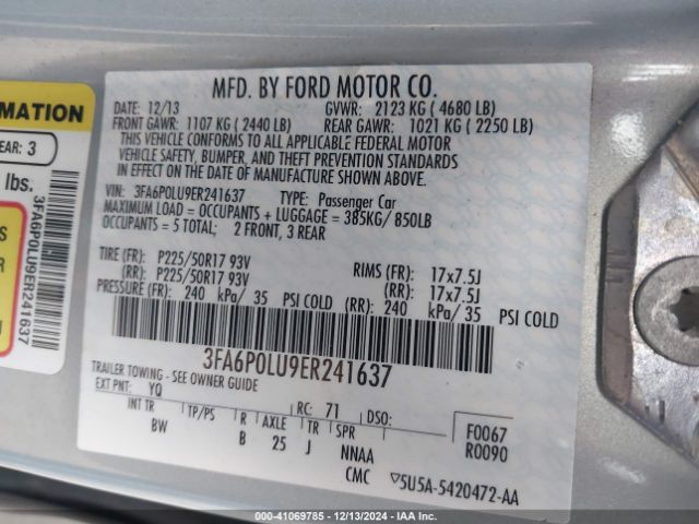 3FA6P0LU9ER241637 Ford Fusion Hybrid Se