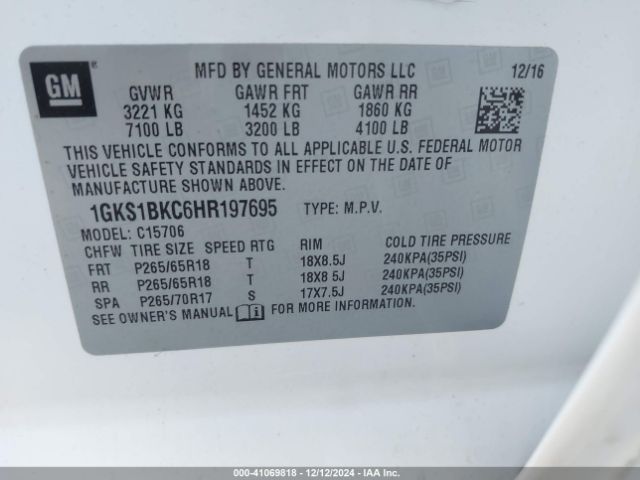 1GKS1BKC6HR197695 GMC YUKON SLT